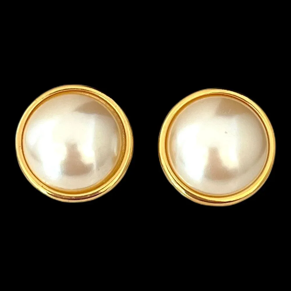 Vintage 1980s Monet Clip Earrings Gold Tone Faux Pearl - 1E